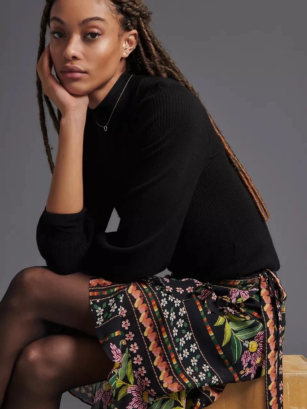 FARM Rio Black Floral A-Line Wrap Skirt